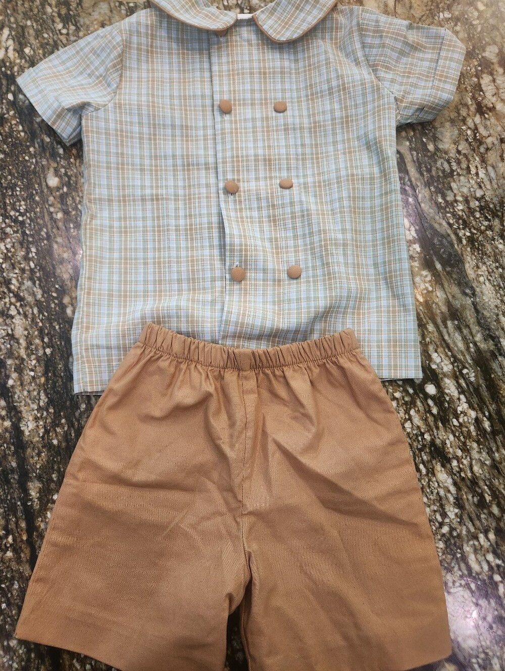 Toddler Plaid Button Front Top & Tan Shorts Set